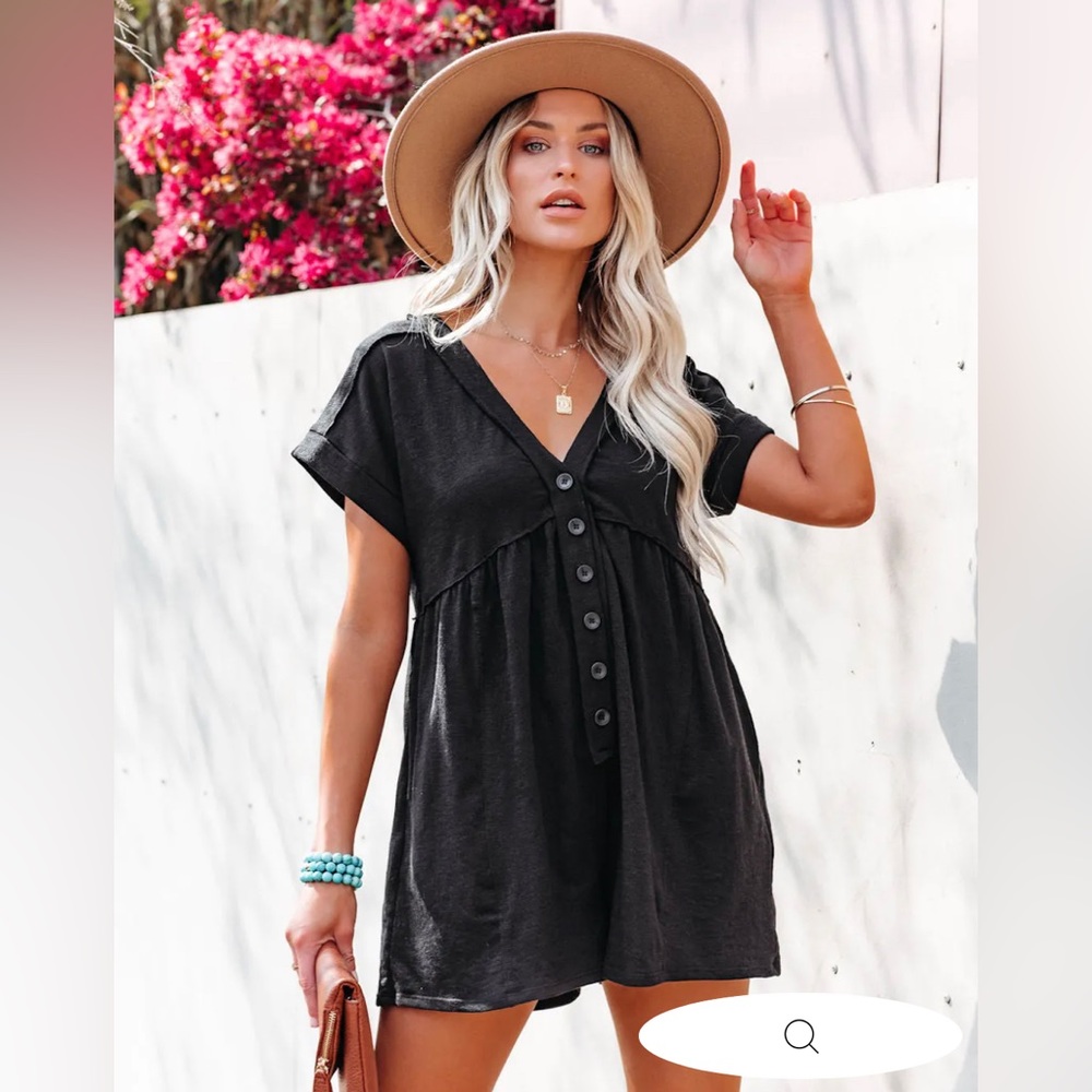 VICI - VINCENT COTTON BLEND POCKETED BUTTON DOWN ROMPER - BLACK